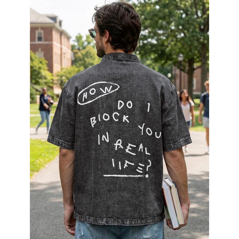 Bewakoof Men's Black Washed Oversized Denim Shirt (XL)