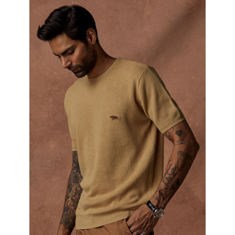Andamen Beige Mens Half Sleeve Crew Neck Regular Fit (L)