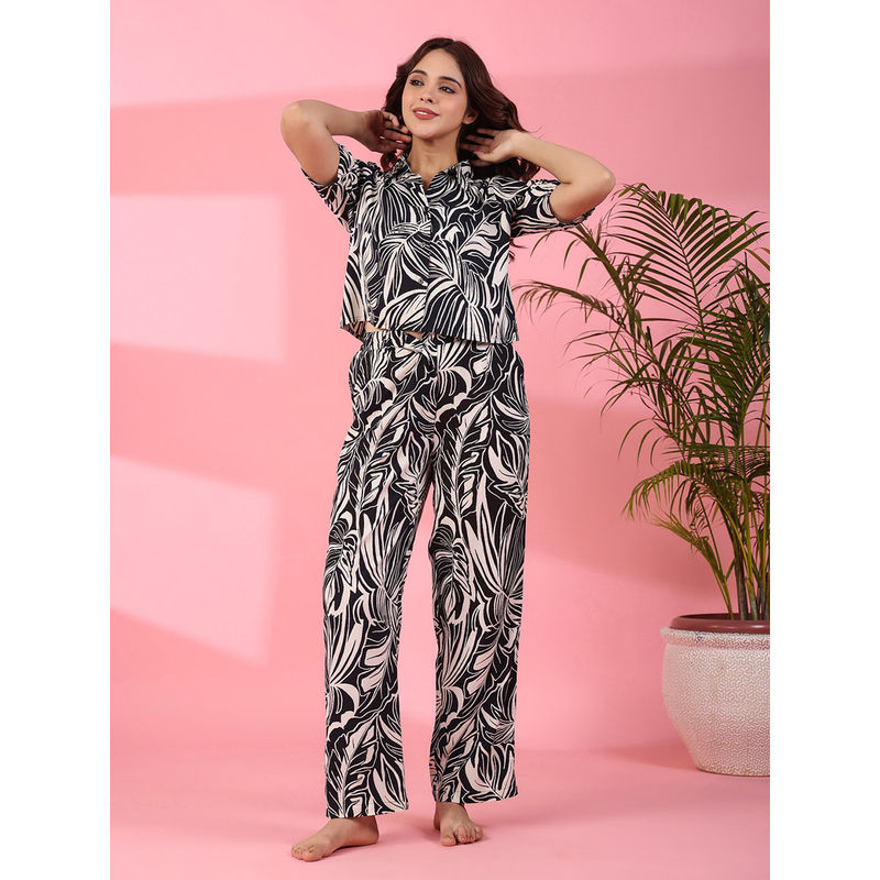 SAY Women Rayon Black Colour Abstract Sleepwear Night Suit (Set of 2) (M)