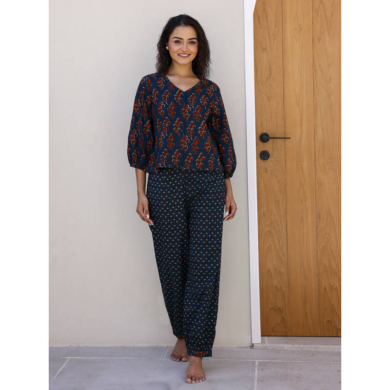 SANSKRUTIHOMES Women Woven Cotton Teal Colour Floral Sleepwear Night Suit (Set of 2) (S)