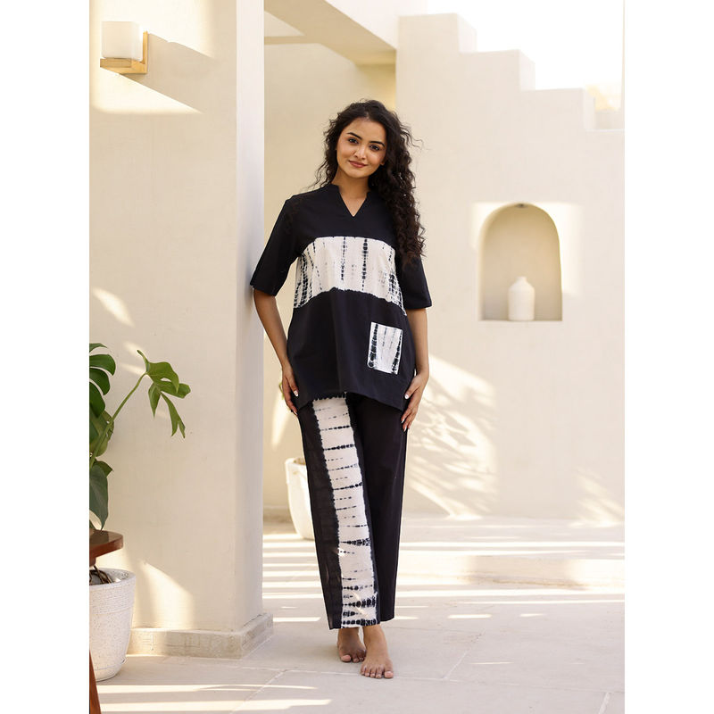 SAY Women Woven Cotton Black Colour Tie Dye Sleepwear Night Suit (Set of 2) (XL)