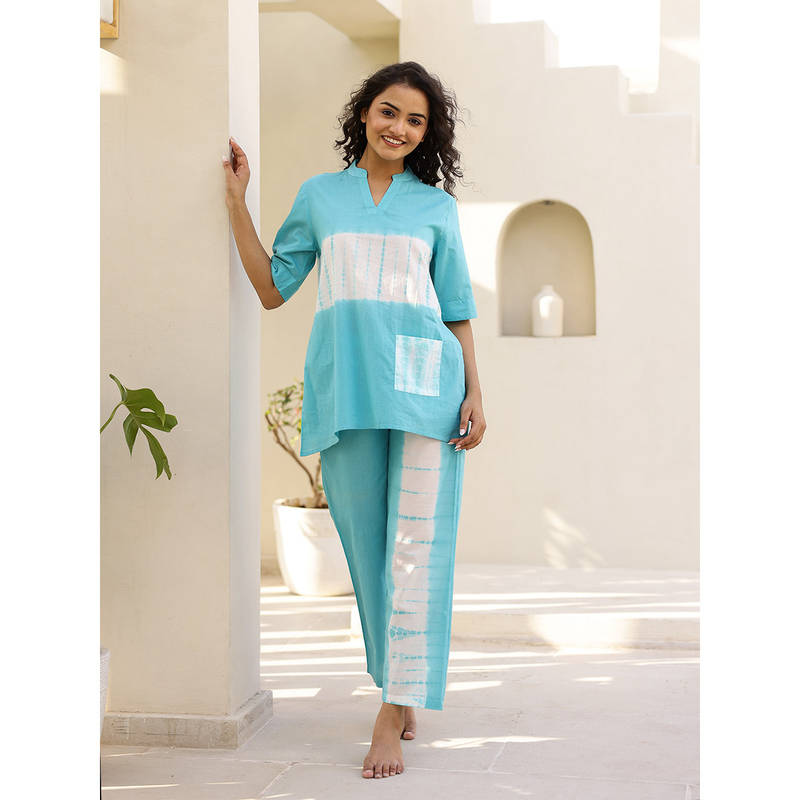 SANSKRUTIHOMES Women Woven Cotton Blue Colour Tie & Dye Sleepwear Night Suit (Set of 2) (S)
