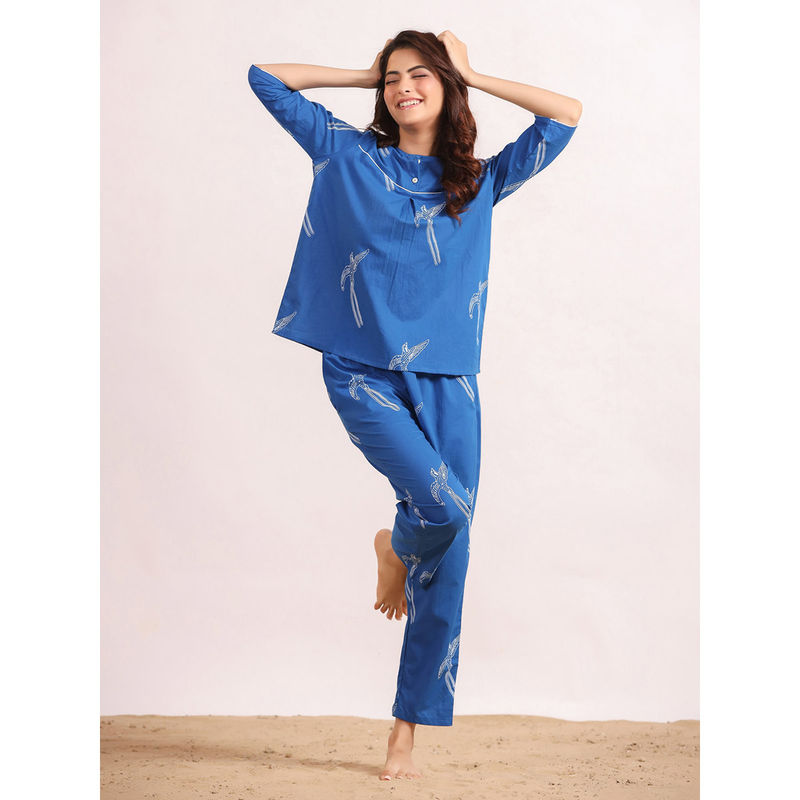 SAY Women Woven Cotton Blue Colour Sleepwear Night Suit (Set of 2) (2XL)