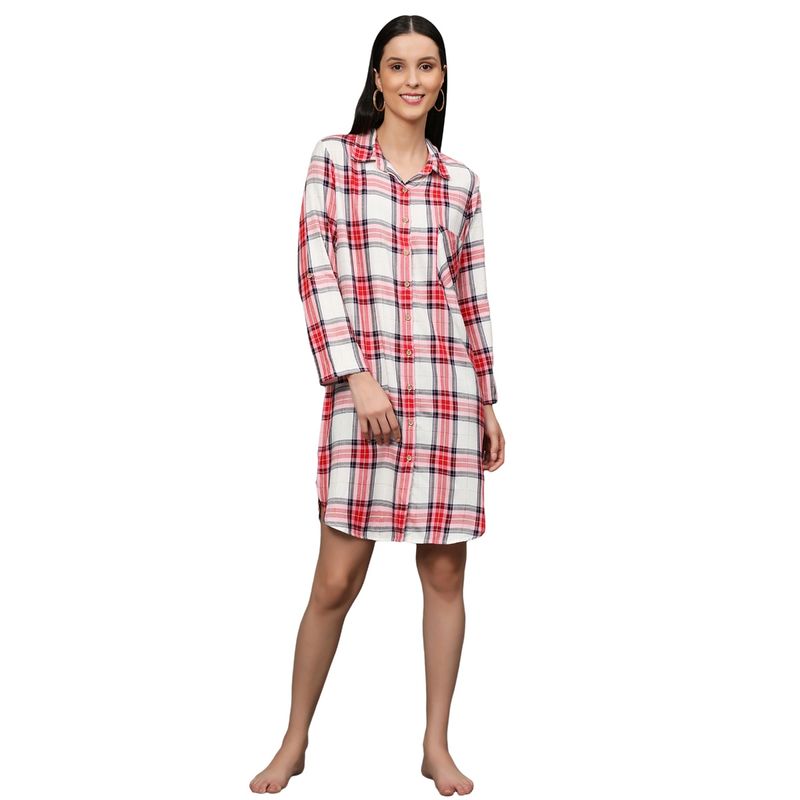 BSTORIES Night Shirt For Women- Red & White Checked (L)