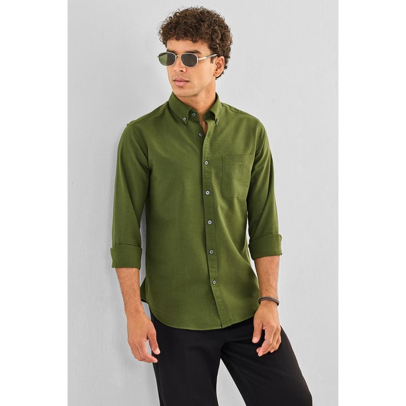 Snitch Mens Olive Solid Full Sleeves Slim Casual Shirt (S)