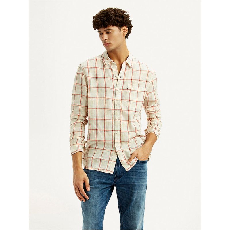 Levi's Mens Checks Beige Slim Fit Linen Shirt (L)