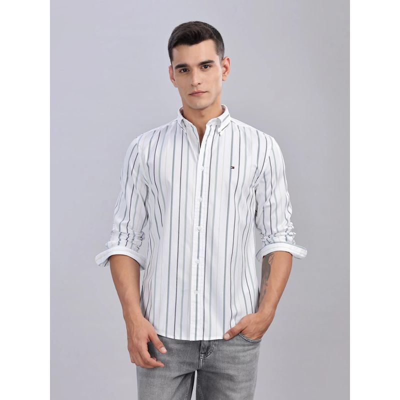 Tommy Hilfiger Mens White Stripes Regular Fit Satin Weave Shirt (2XL)