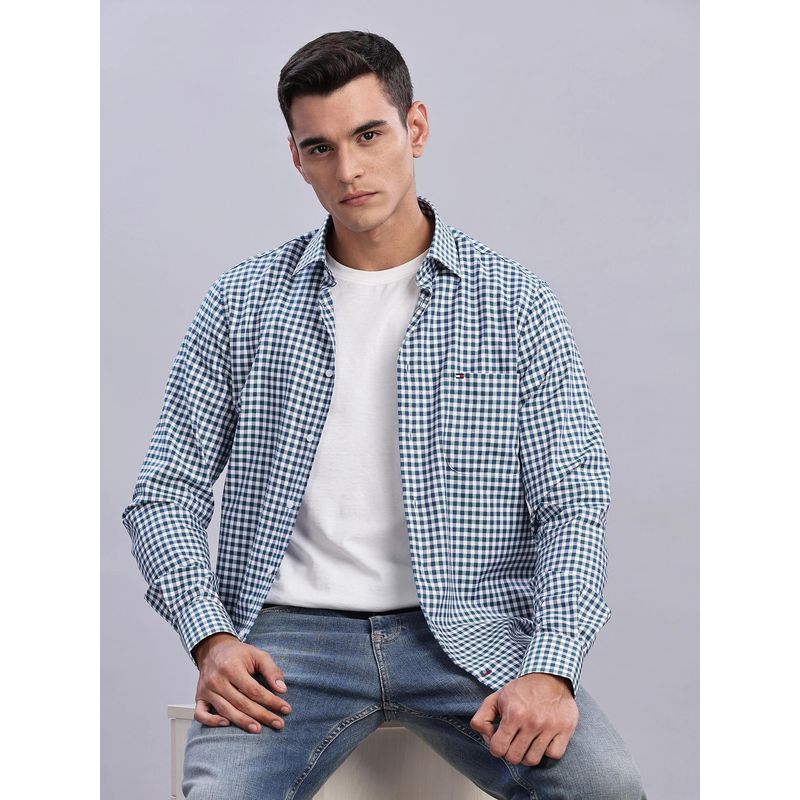 Tommy Hilfiger Mens Blue Checks Regular Fit Plain Shirt (46)
