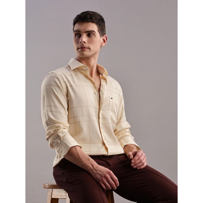 Tommy Hilfiger Mens Beige Checks Slim Fit Viscose Shirt (38)