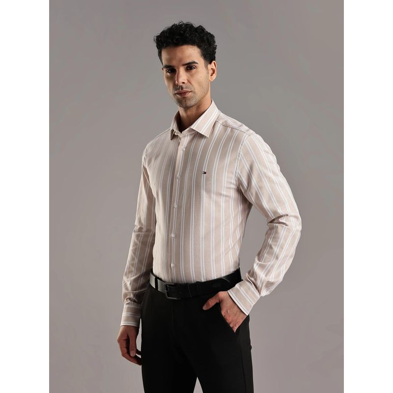 Tommy Hilfiger Mens Beige Stripes Regular Fit Cotton Shirt (42)