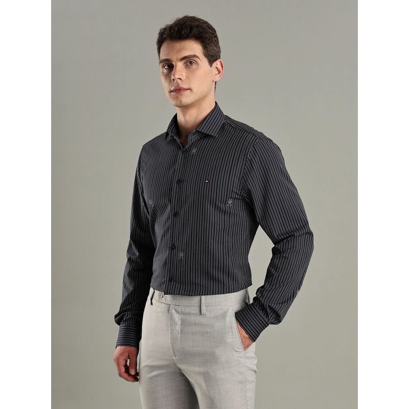 Tommy Hilfiger Mens Navy Blue Stripes Slim Fit Cotton Shirt (42)