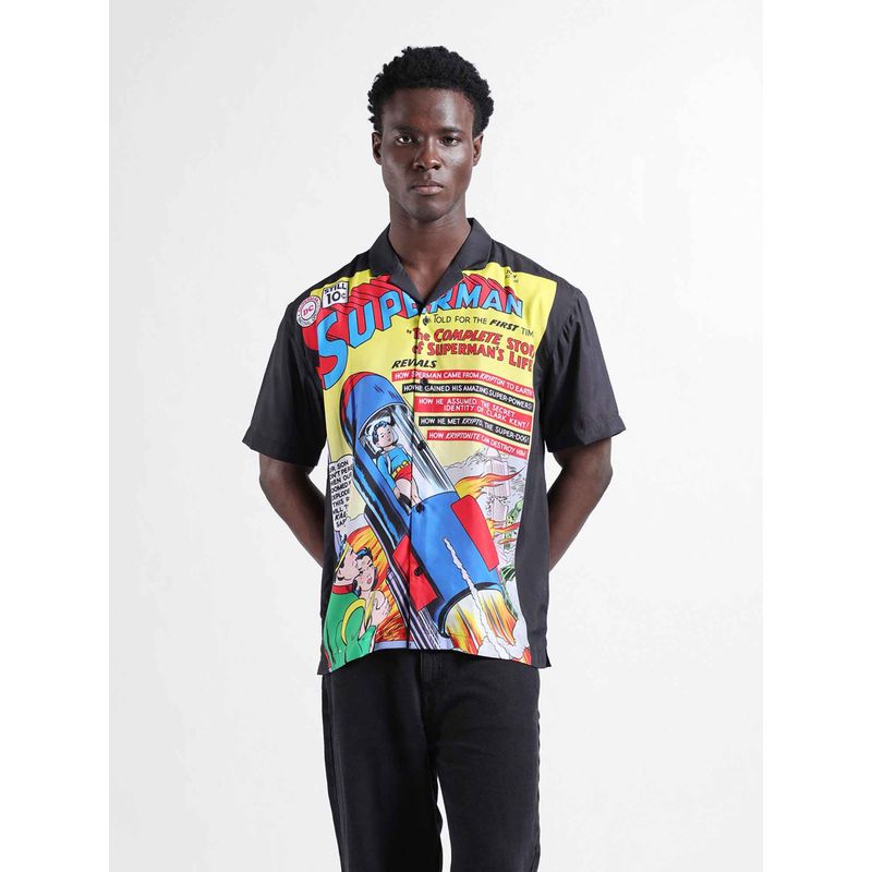 The Indian Garage Co Men Relaxed Fit Superman Printed Cuban Collar Half Sleeves Shirt (S)