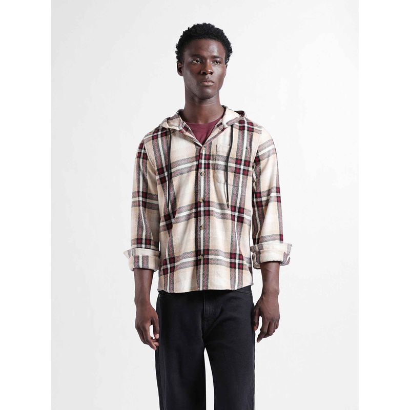 The Indian Garage Co Men Regular Fit Checked Hooded Casual Shirt - Beige (M)