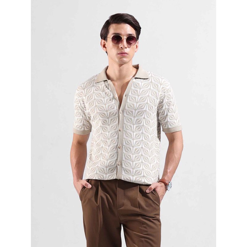 The Indian Garage Co Men Slim Fit Self Design Cuban Collar Casual Shirt - Khaki (XL)