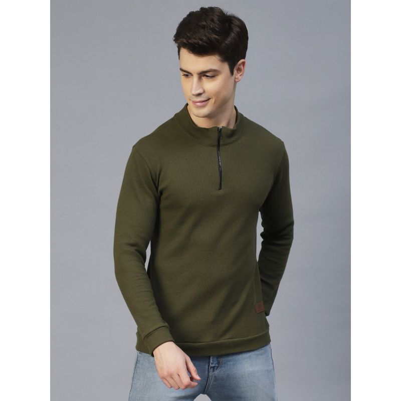 RIGO Men Olive Henley Neck Full Sleeves Waffle Knit T-Shirt (XL)
