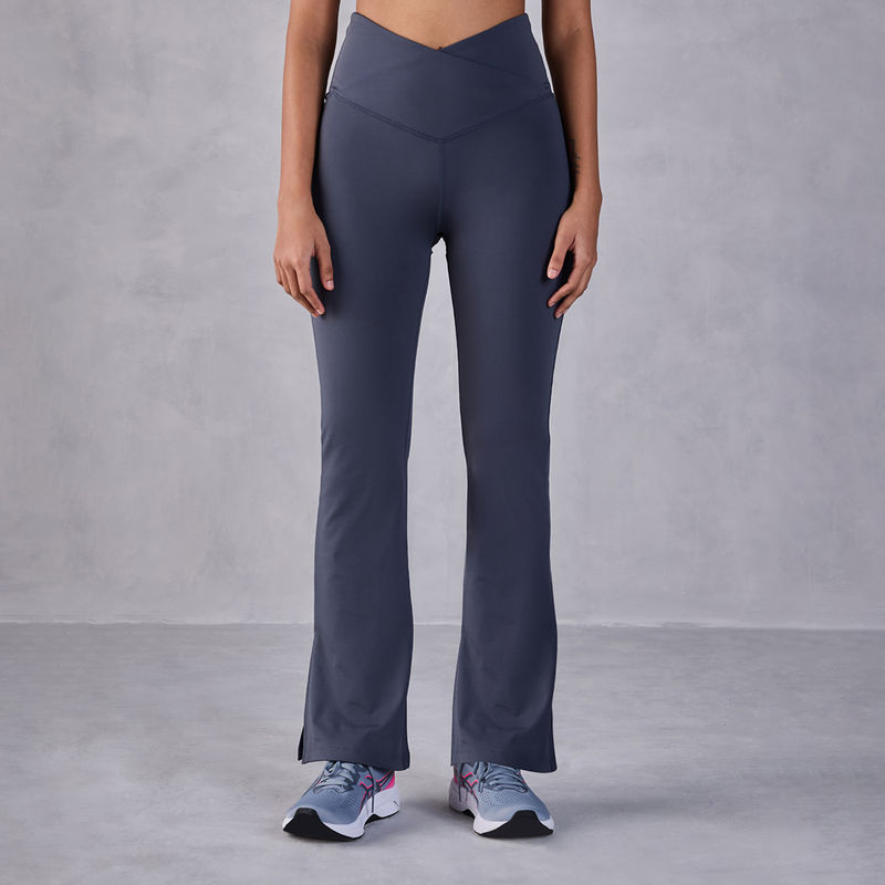 Kica Criss Cross Flare Pants in Sculpting Stretch Kica SKN Fabric - Mid Rise with Side Slits Grey (XXS)