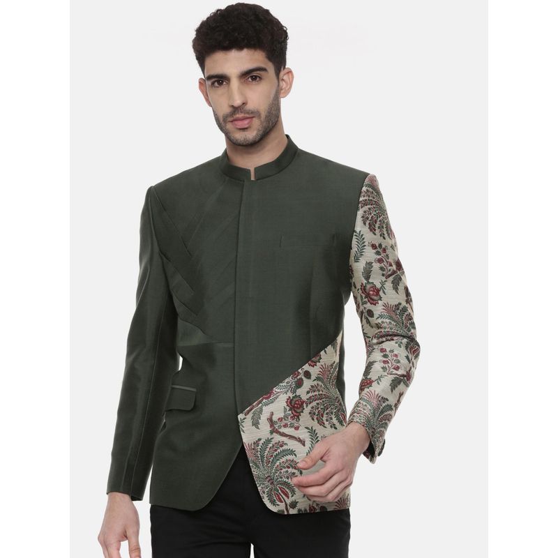 MAYANK MODI Green Chanderi Silk Floral Bandhgala (S)