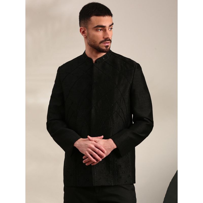 MAYANK MODI Black Bemberg Embroidered Bandhgala (S)