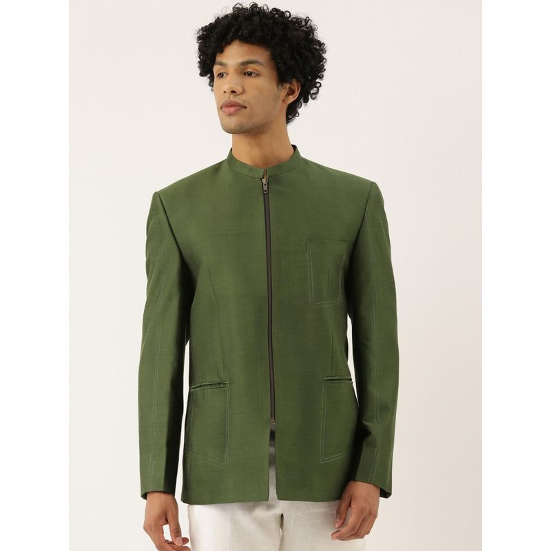 MAYANK MODI Green Cotton Silk Solid Bandhgala (S)