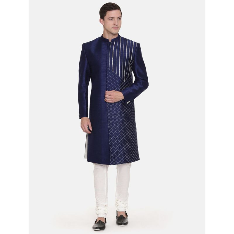 MAYANK MODI Blue Embroidered Sherwani with Pyjama (S)