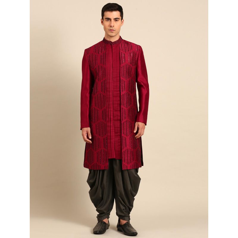 MAYANK MODI Maroon Geometric Sherwani with Dhoti Pant (S)