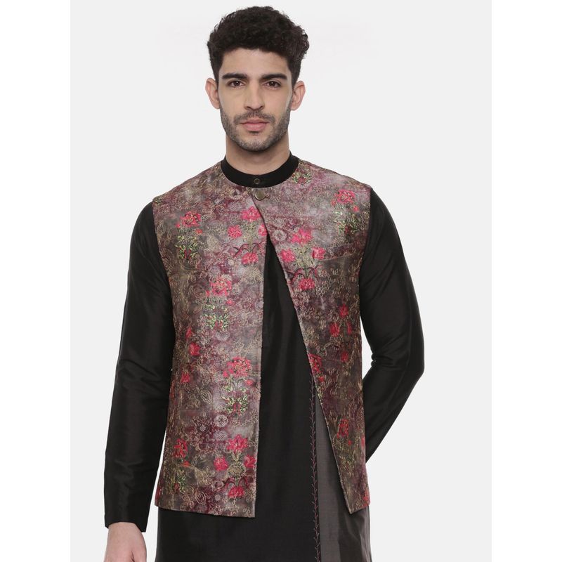 MAYANK MODI Rust Printed Open Silk Jacket (S)