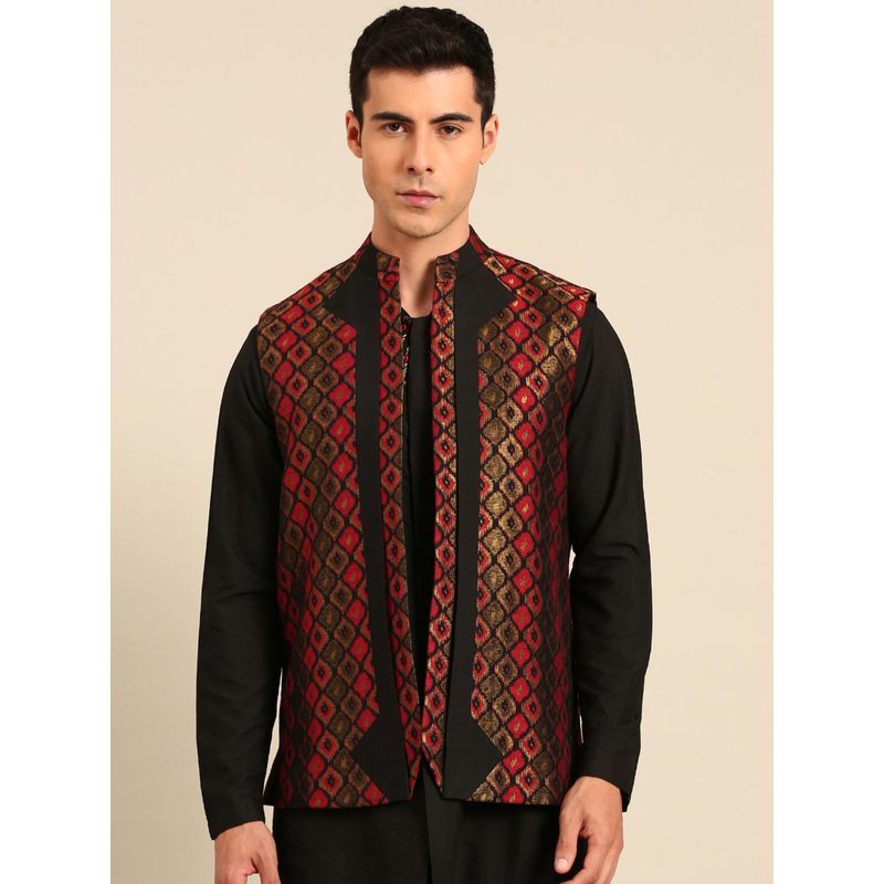 MAYANK MODI Black Silk Jaquard Short Open Jacket (S)