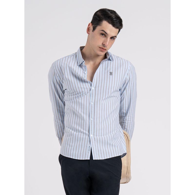 Red Tape Mens Light Blue Pure Cotton Button Down Full Sleeve Striped Shirt (XL)