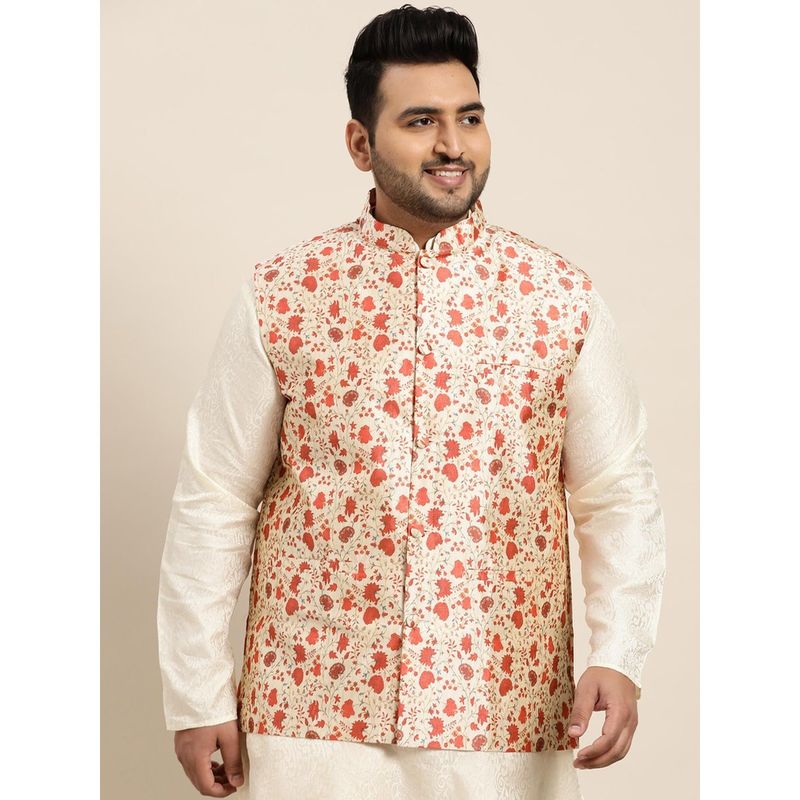 SOJANYA Men Silk Blend Red Printed Nehru Jacket (4XL)