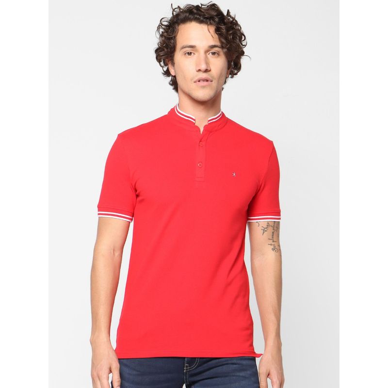 CELIO Red Solid Short Sleeves Polo (S)