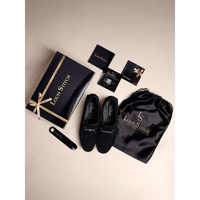 Louis Stitch Black Italian Suede Leather Handmade Driving Loafers (UK 7)
