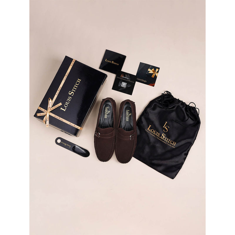 Louis Stitch Italian Moccasins Brunette Brown Suede Plain Loafers for Men (UK 6)