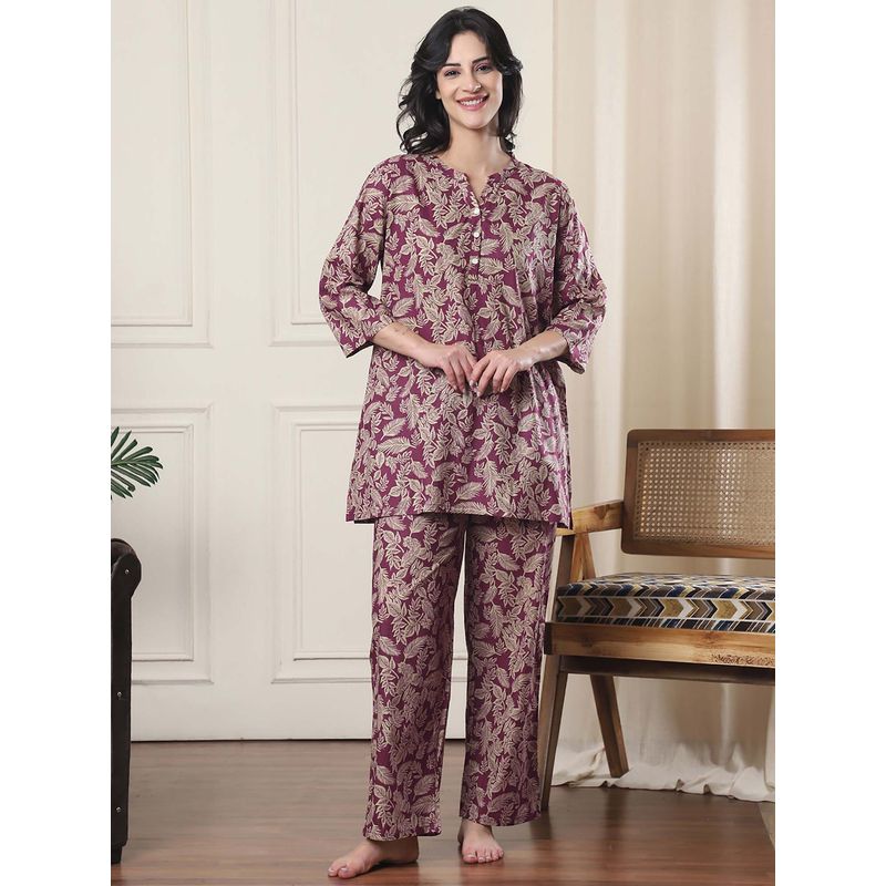 Indreams Women Wine Pure Cotton Leaf Printed Top with Pyjama (M)