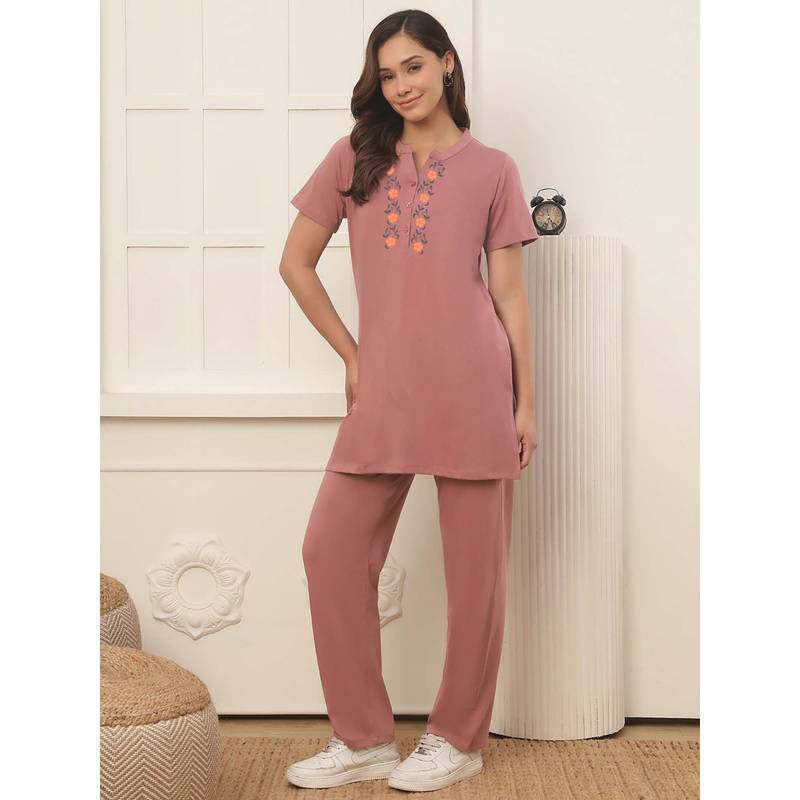 Indreams Women Pink Floral Cotton Top with Pyjama (5XL)
