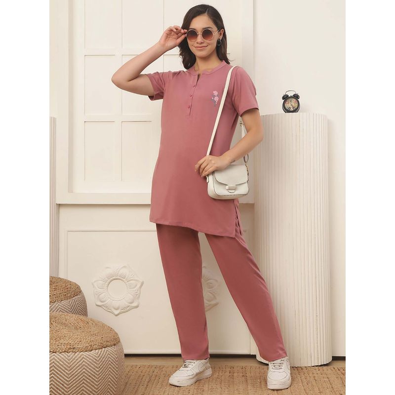 Indreams Women Pink Floral Cotton Top with Pyjama (M)