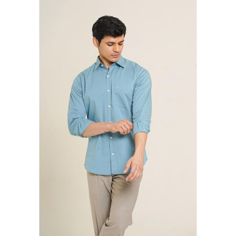 HONNETE Men's Cotton Self Design Regular Fit Blue Casual Wear Shirt with Spread Collar (M)