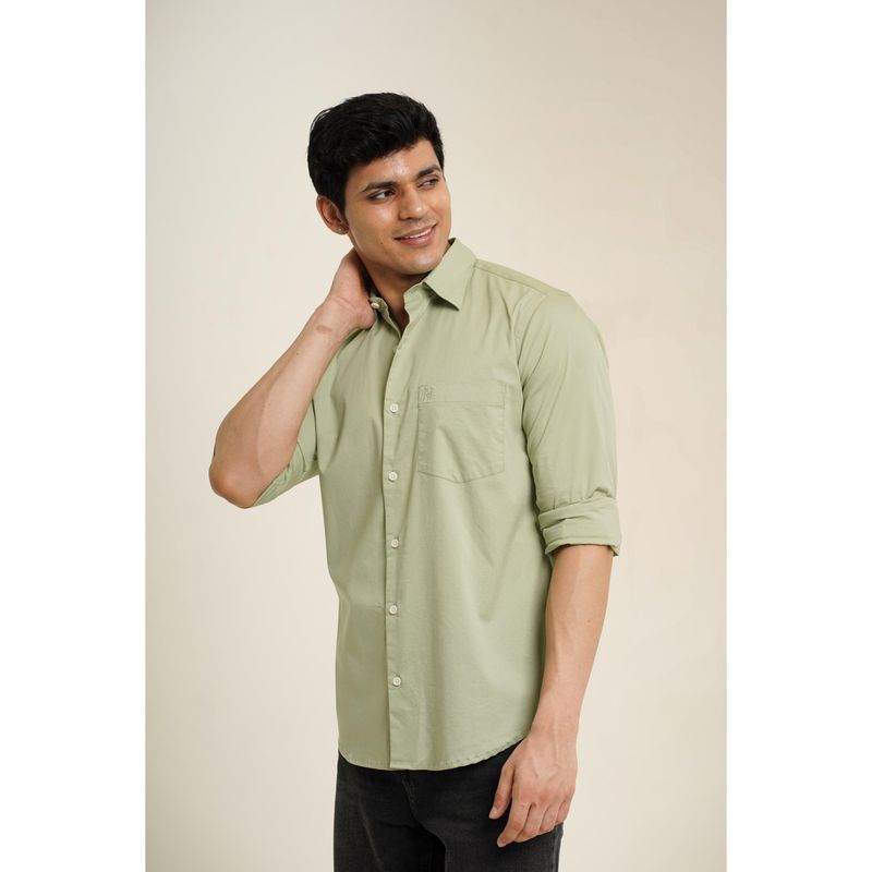 HONNETE Men's Cotton Self Design Regular Fit Green Casual Wear Shirt with Spread Collar (M)