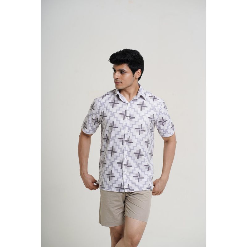 HONNETE Men Cotton Casual Grey Spread Collar Short Sleeves Shirt (M)