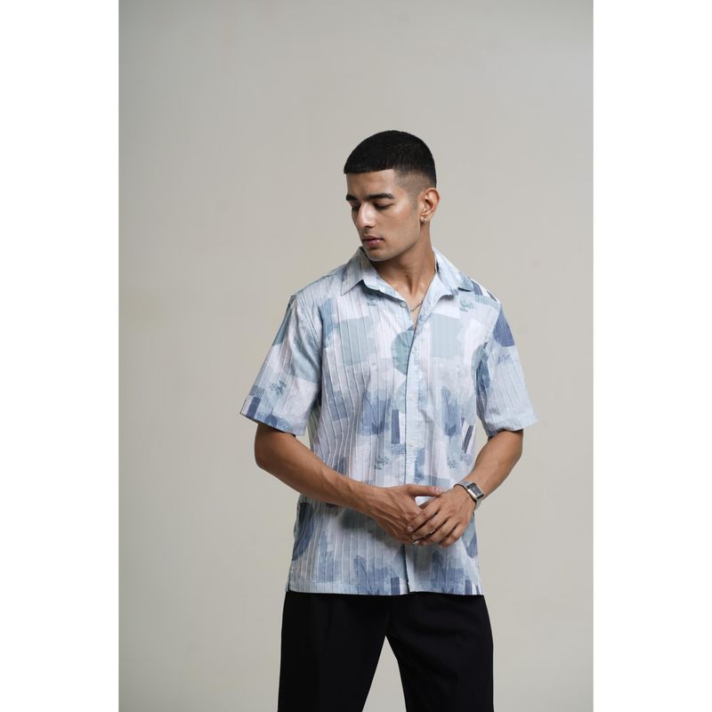 HONNETE Men Cotton Casual Blue Spread Collar Short Sleeves Shirt (M)