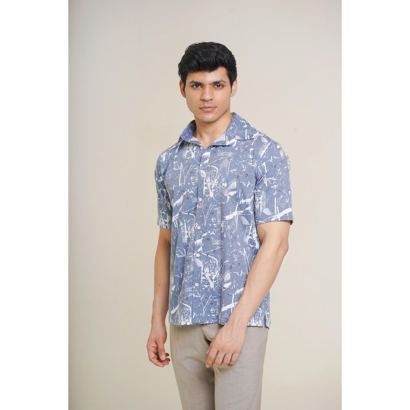 HONNETE Men Cotton Casual Blue Spread Collar Short Sleeves Shirt (M)