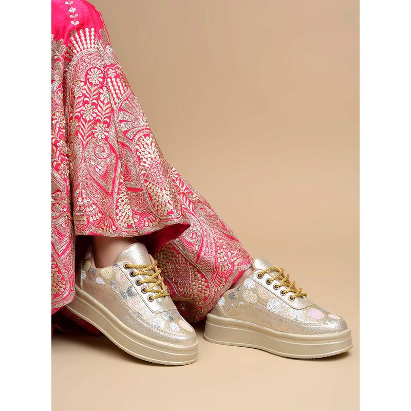 HVNLY by Shoetopia Women Gold Lace-Up Sneakers (EURO 36)
