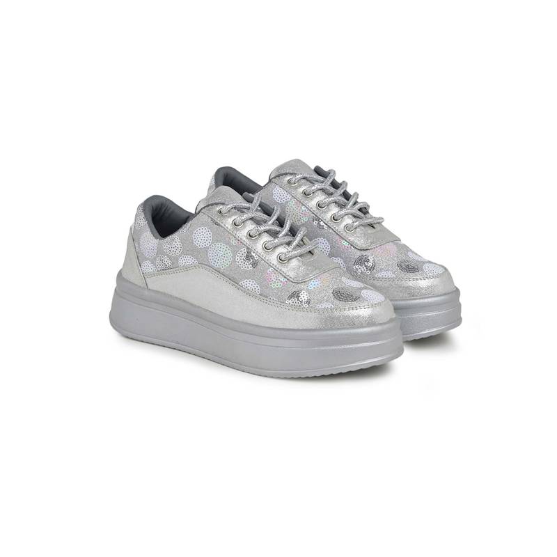 HVNLY by Shoetopia Women Silver Lace-Up Sneakers (EURO 36)