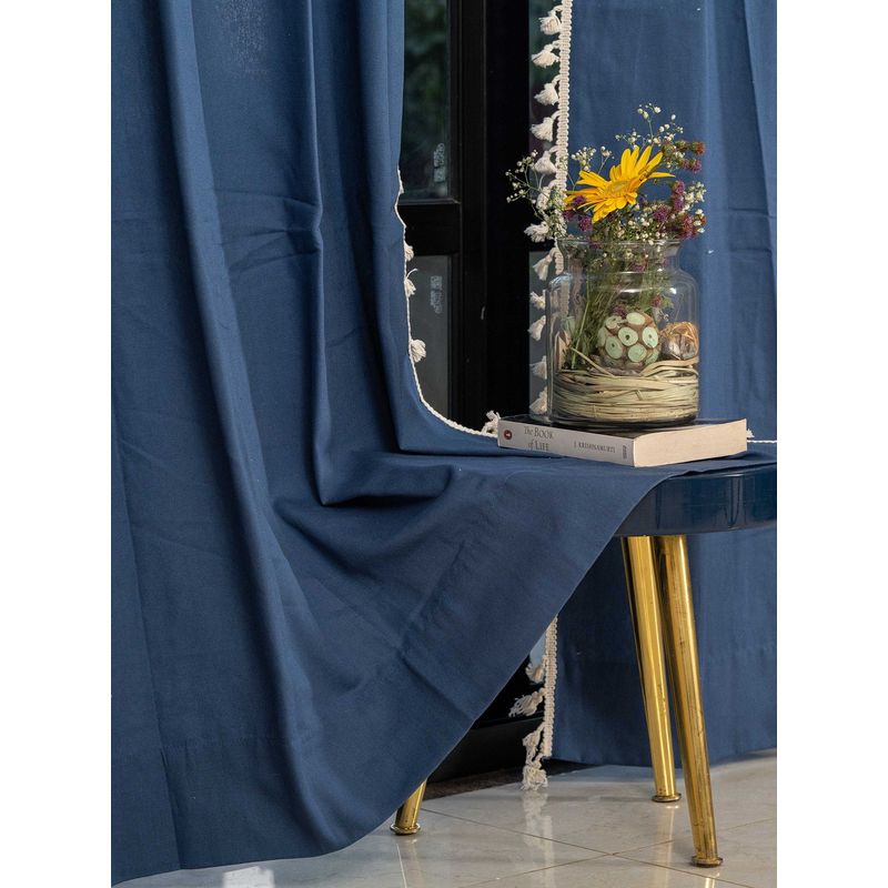 Urban Space Boho Cotton Long Door Curtain with Eyelets & Tieback 1 Piece Aura Indigo (8x4 feet)