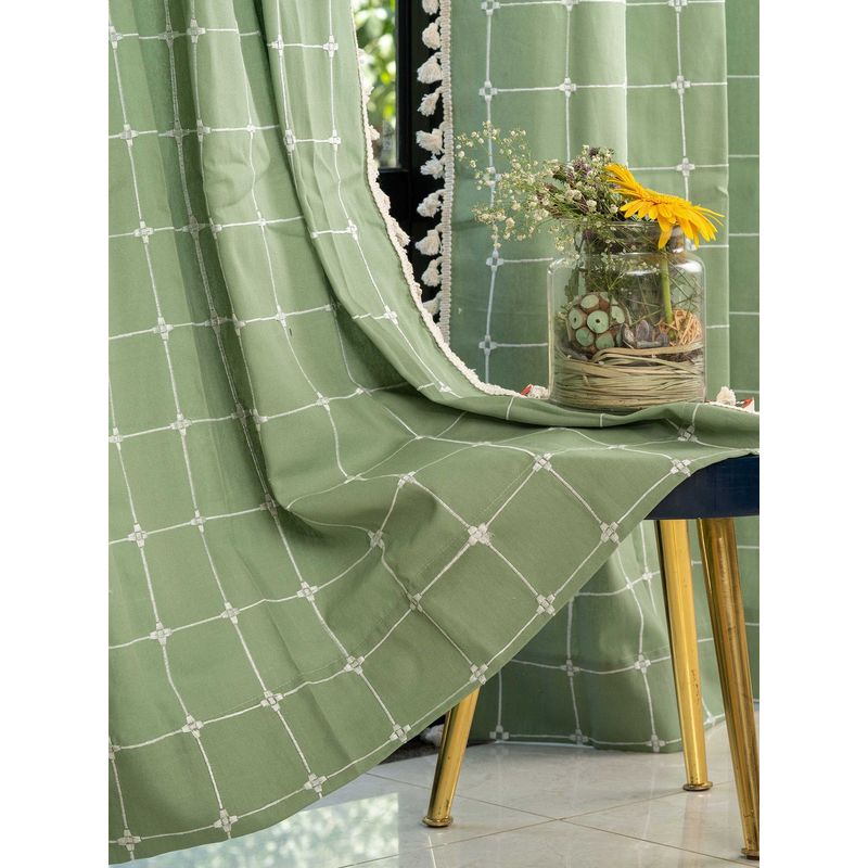 Urban Space Cotton Window Curtain with Eyelets & Tieback 1 Piece Aura Sage Green Checks (5x4 feet)