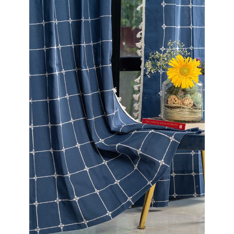Urban Space Boho Cotton Door Curtain with Eyelets & Tieback 1 Piece Aura Indigo Checks (7x4 feet)