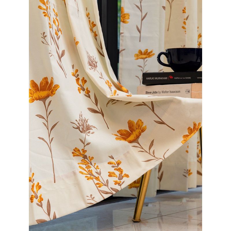 Urban Space Cotton Window Curtains with Eyelets & Tieback Orchid Blooms Yellow (Pack of 2)