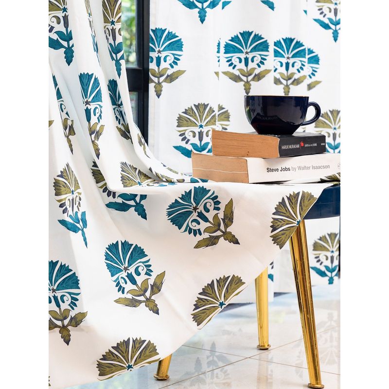 Urban Space Cotton Long Door Curtains with Eyelets & Tieback Owl Orchids Blue (Pack of 2) 8x4 feet