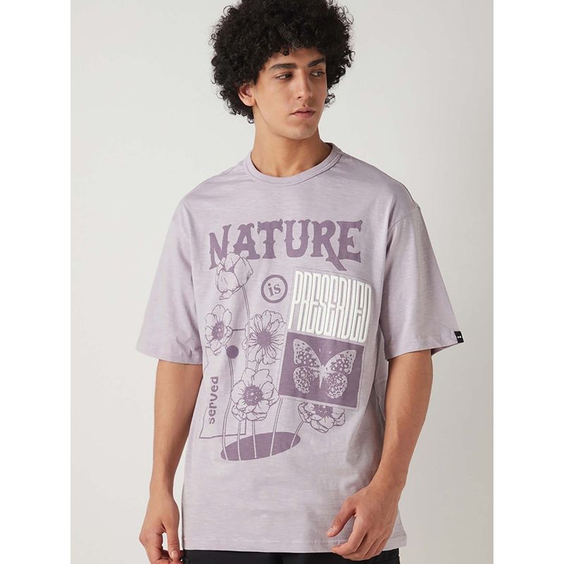 Bewakoof Air 1.0 Men's Purple Nature Preserved Graphic Printed Oversized T-shirt (M)