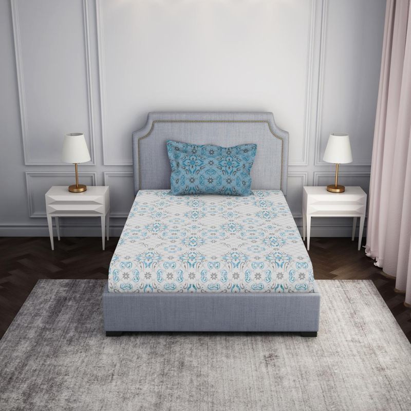 SPACES Cotton Blue Floral Bedsheet for Double Bed with 2 Pillow Cover (Set of 3) (Queen)