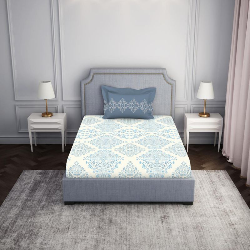 SPACES 100% Cotton Floral Blue Bedsheet for Single Bed with 2 Pillow Cover (Set of 2) (Single)